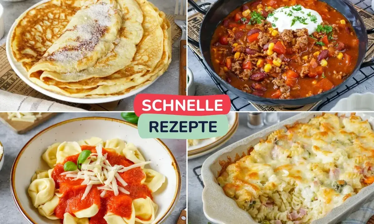 Vier schnelle Gerichte: Pfannkuchen, Chili con Carne, Tortellini mit Tomatensoße und Nudelauflauf. Was koche ich heute?