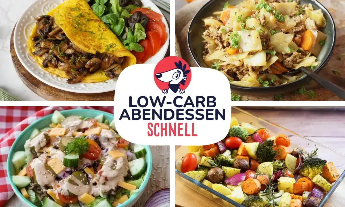 Vier leckere Low-Carb-Abendessen: Omelett mit Pilzen, Kohl-Hackfleisch-Pfanne, Salat und Ofengemüse. Perfekt für schnelle keto rezepte!