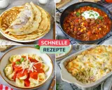 Vier schnelle Gerichte: Pfannkuchen, Chili con Carne, Tortellini mit Tomatensoße und Nudelauflauf. Was koche ich heute?