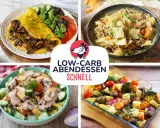 Vier leckere Low-Carb-Abendessen: Omelett mit Pilzen, Kohl-Hackfleisch-Pfanne, Salat und Ofengemüse. Perfekt für schnelle keto rezepte!