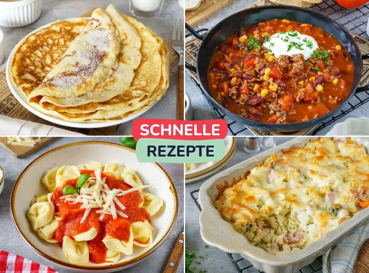 Vier schnelle Gerichte: Pfannkuchen, Chili con Carne, Tortellini mit Tomatensoße und Nudelauflauf. Was koche ich heute?