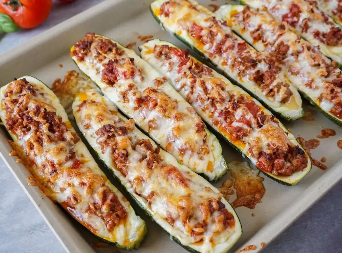 Gefüllte Zucchini-Boote mit Hackfleisch und Käse, ein köstliches Gericht, das Lust auf mehr zucchini rezepte macht.