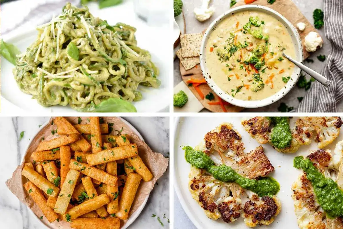 Vier leckere low carb rezepte: Zucchini-Nudeln mit Pesto, cremige Brokkoli-Suppe, knusprige Pommes aus Gemüse und gebratener Blumenkohl mit Kräutersauce.