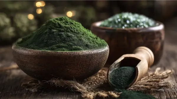 Grünes Pulver in Holzschalen und Löffel. Das ist Spirulina, ein nährstoffreiches Superfood.