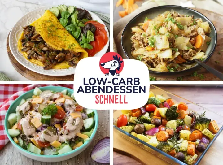 Vier leckere Low-Carb-Abendessen: Omelett mit Pilzen, Kohl-Hackfleisch-Pfanne, Salat und Ofengemüse. Perfekt für schnelle keto rezepte!