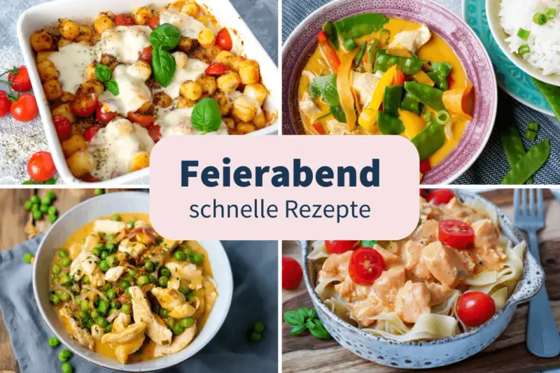 Vier leckere Rezepte für das Abendessen: Gnocchi-Auflauf, Curry mit Hähnchen, Hähnchen mit Erbsen und Pasta mit cremiger Sauce. Schnelle Ideen für jeden Tag.