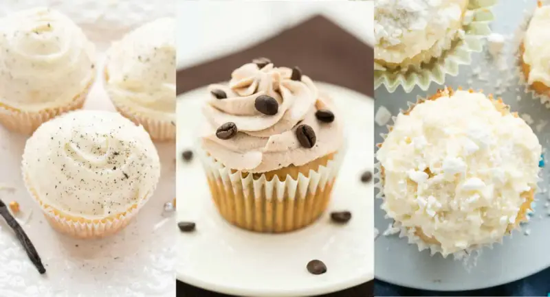 Verschiedene Cupcakes: Vanille mit Tupfen, Kaffee mit Bohnen und Kokos. Ein tolles Rezept für jeden Anlass!