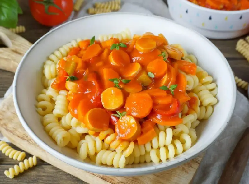 Herzhaftes Wurstgulasch Rezept mit Fusilli-Nudeln, Karotten und Paprika in Tomatensauce, garniert mit frischen Kräutern.